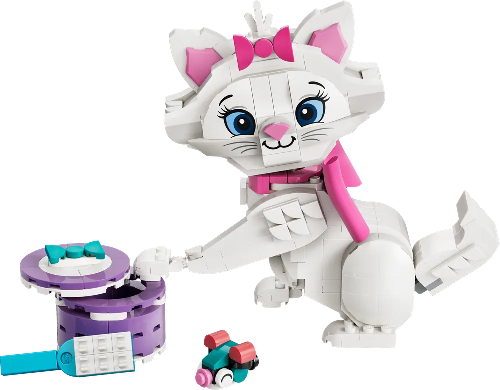 LEGO Disney Marie from The Aristocats with a purple hat box and blue brush accessory, set against a white background.