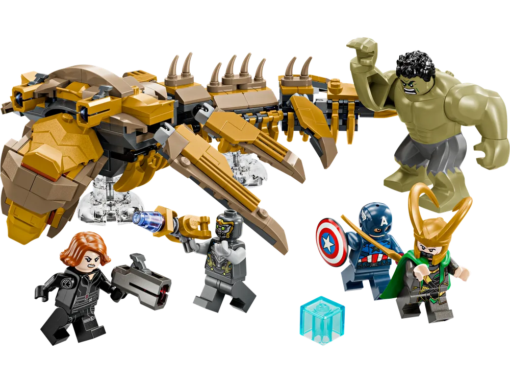 A LEGO scene depicting a golden-brown Chitauri Leviathan in mid-air, surrounded by minifigures of Hulk, Black Widow, a Chitauri warrior, Captain America, and Loki.