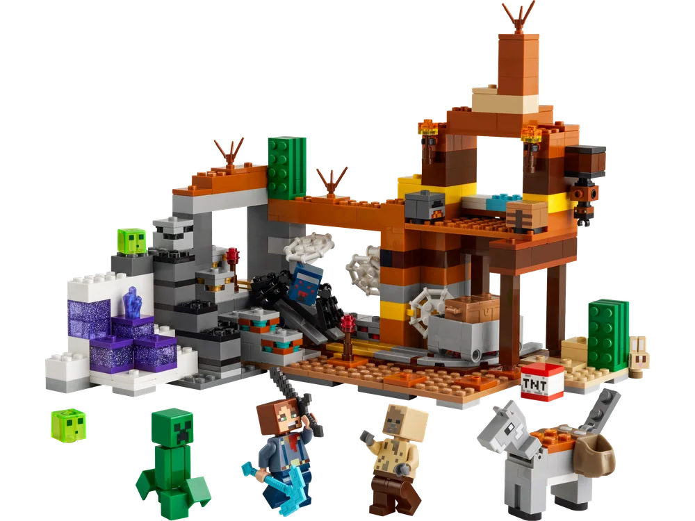 Full display of the LEGO Minecraft The Badlands Mineshaft set with minifigures and mobs.