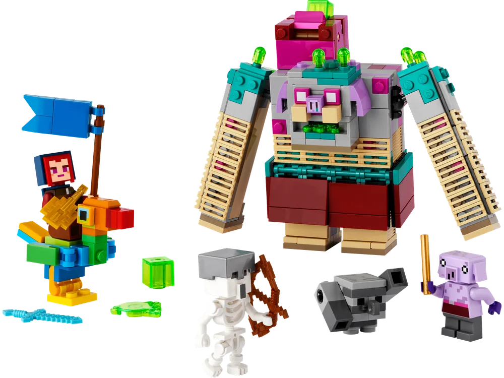 The complete LEGO Minecraft Legends set 21257 'The Devourer Ambush' laid out, featuring the large purple and teal Devourer, the Hero Knight on their Big Beak mount, a Skeleton Archer, an Armored Wolf, and a Piglin.