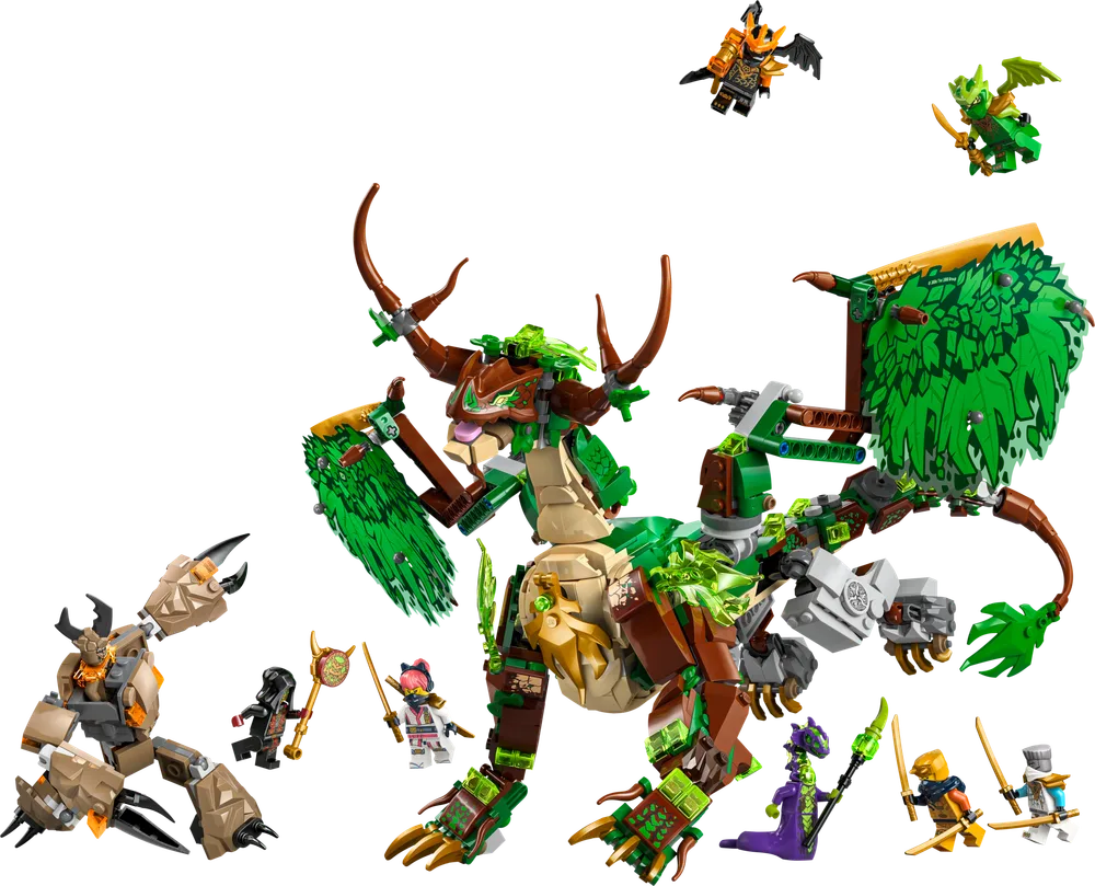 The LEGO Ninjago Dragon of Life set (71859) fully assembled, featuring the large green and brown dragon with leafy wings, Lord Ras's mech, and several Ninjago minifigures including Arin, Sora, and Kai, posed dynamically against a white background.