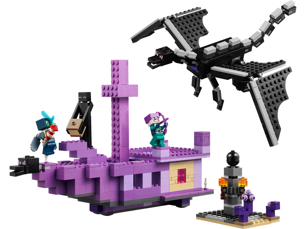 Full view of the LEGO Minecraft The Ender Dragon and End Ship set, featuring a large black Ender Dragon, a purple End Ship with an Enderman and a Shulker, and a small Ender Pearl structure.