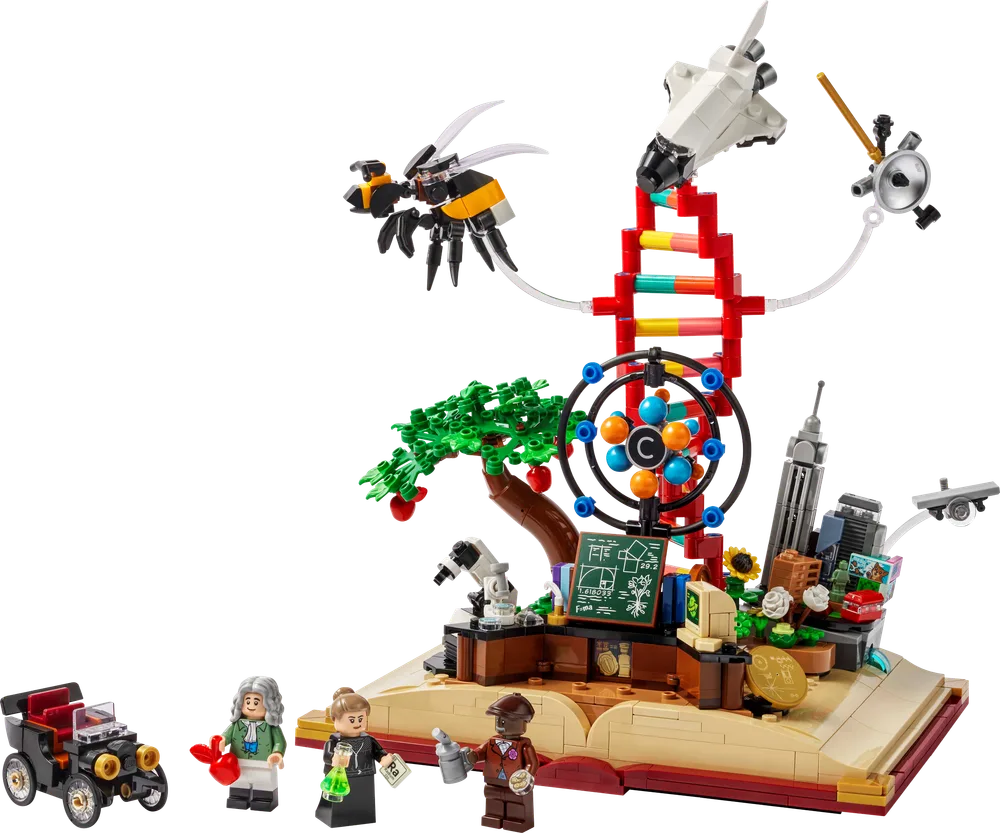Full view of LEGO Ideas 21355 The Evolution of STEM set with minifigures Isaac Newton, George Washington Carver, and Marie Curie.