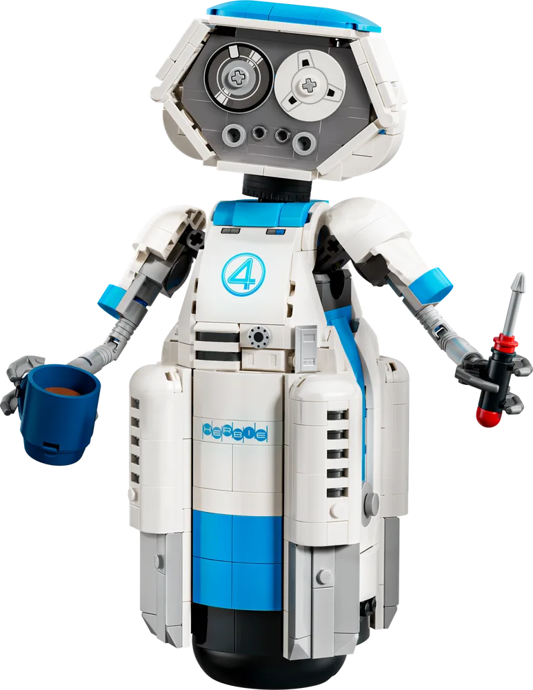 Full view of the LEGO H.E.R.B.I.E. robot holding a blue mug and a screwdriver.