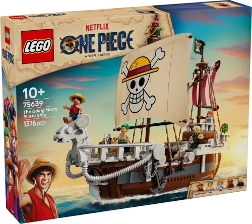 The LEGO One Piece Going Merry Pirate Ship set 75639 box art showing the full ship with minifigures and set details.