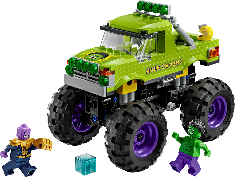 A bright green monster truck with large purple wheels, a mini-figure of Hulk, a mini-figure of Thanos, and a translucent blue cube.