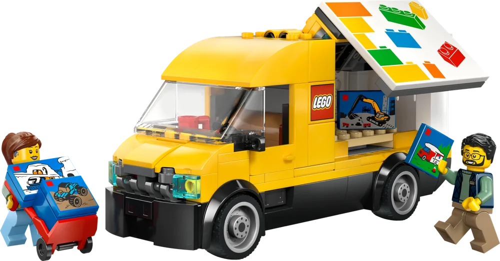 Front-side view of a yellow LEGO van with its side panel and roof open, showcasing a display inside. Two minifigures, one with a hand truck of boxes, stand beside it.