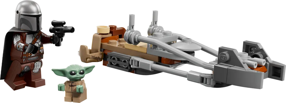 The Mandalorian minifigure, Grogu, and a small brick-built brown and grey speeder bike.