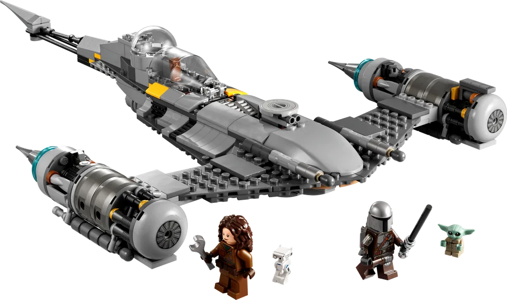 LEGO Star Wars The Mandalorian's N-1 Starfighter model with The Mandalorian, Grogu, Peli Motto, and BD Droid minifigures.