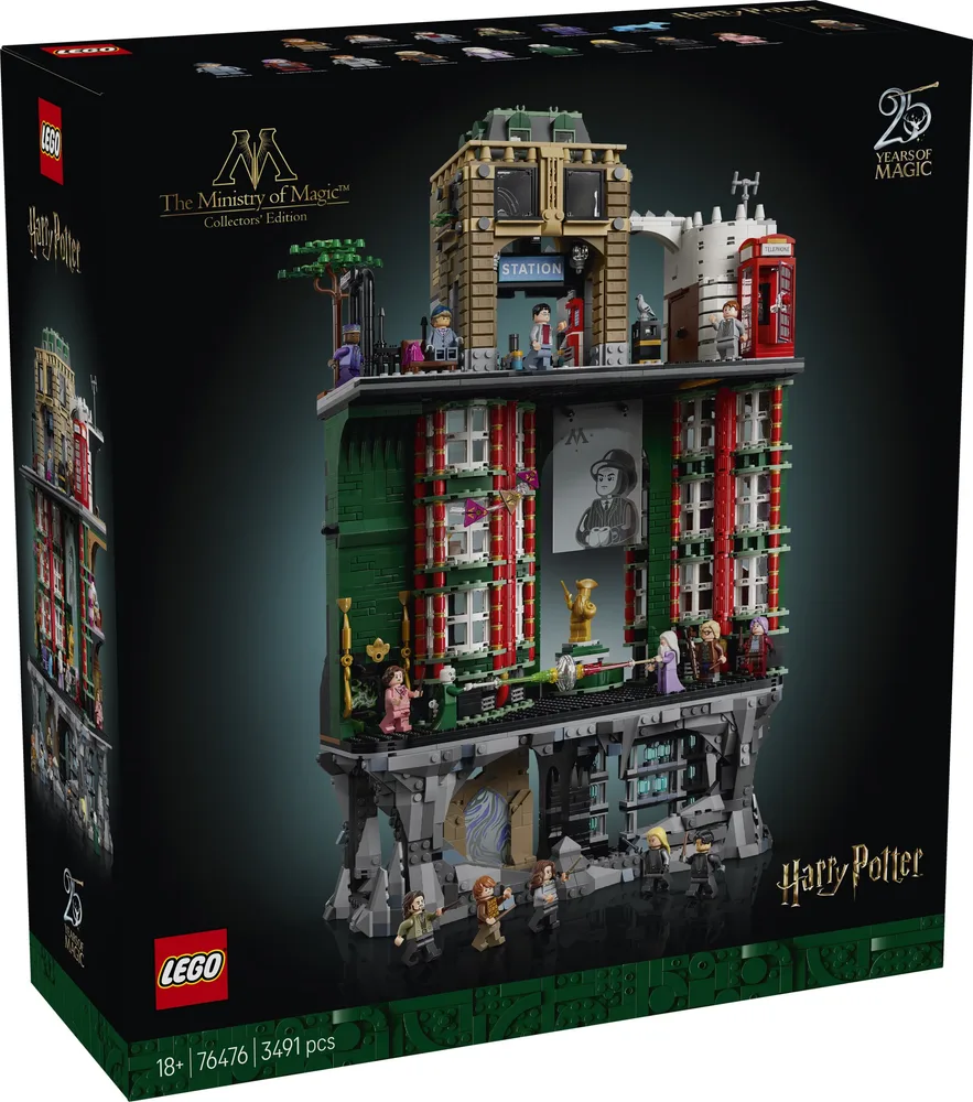 Front of the LEGO Harry Potter The Ministry of Magic set box, showing the assembled model with various minifigures and key features like the red telephone box and subway station entrance.