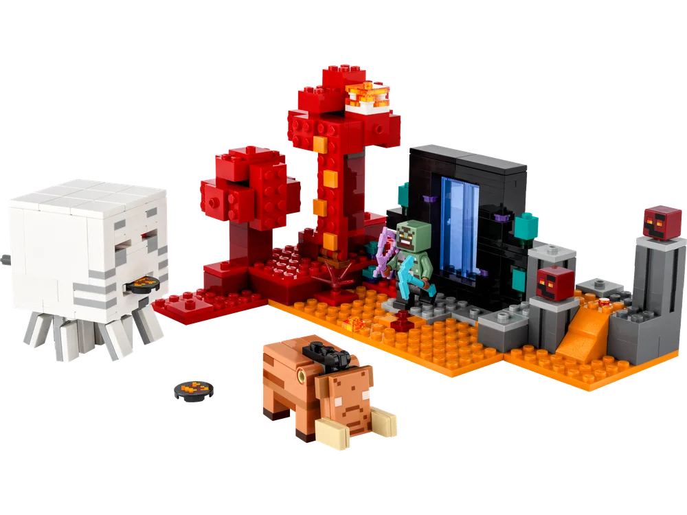 LEGO Minecraft The Nether Portal Ambush set featuring a Ghast, a Hoglin, a Piglin, and magma cubes around an illuminated portal and red nether flora.