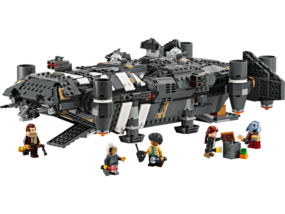 LEGO Star Wars "The Onyx Cinder" (75374) set, showing the completed dark grey ship with white and tan accents, surrounded by five minifigures on a white background.