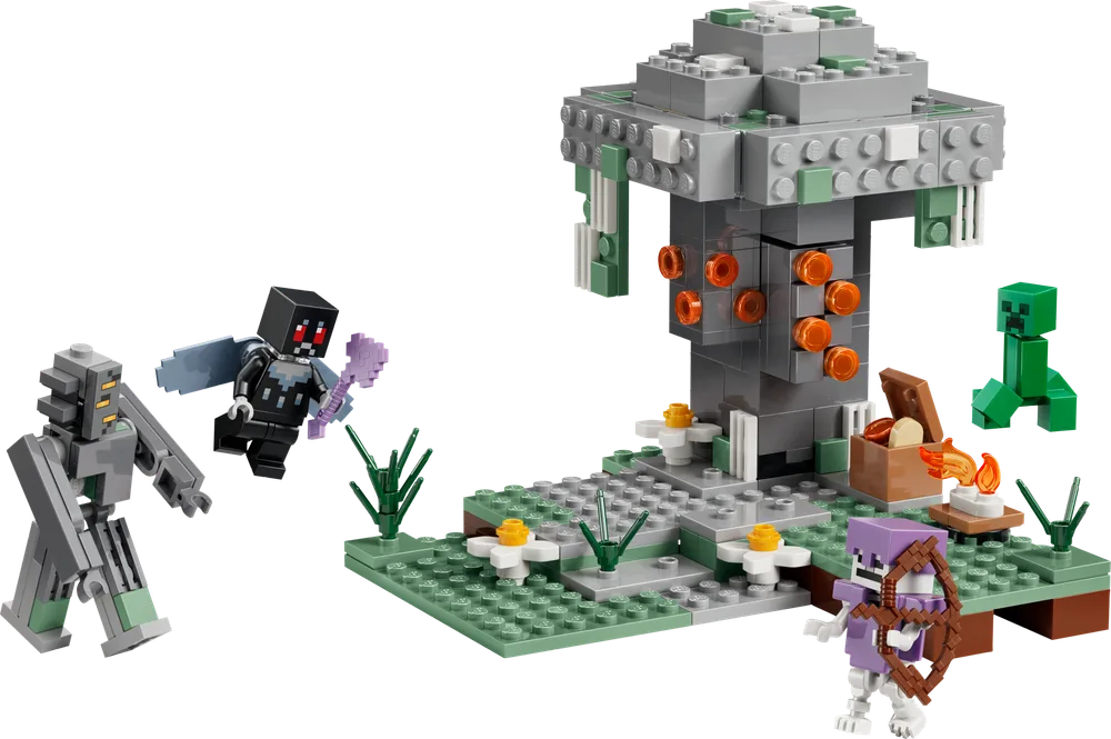 An overhead view of LEGO Minecraft Set 21586 "The Pale Garden," showcasing the full build with four minifigures and the main structure against a white background.