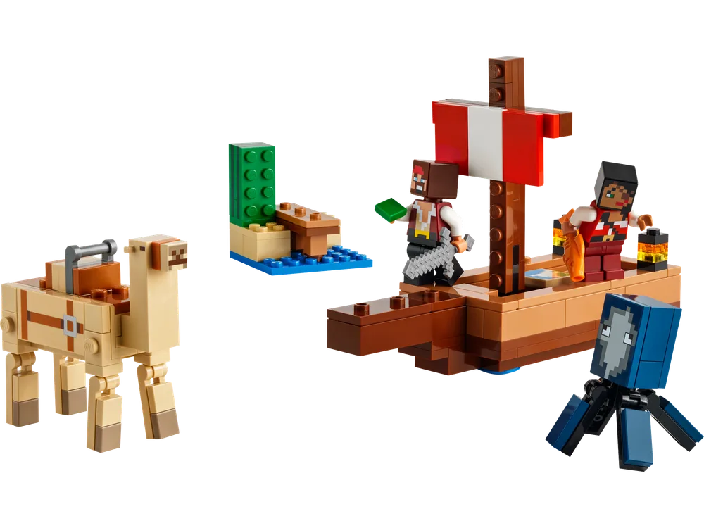 An overhead shot of LEGO Minecraft The Pirate Ship Voyage set components, featuring a camel, a crafting station, a pirate ship with two minifigures, and a blue glow squid.