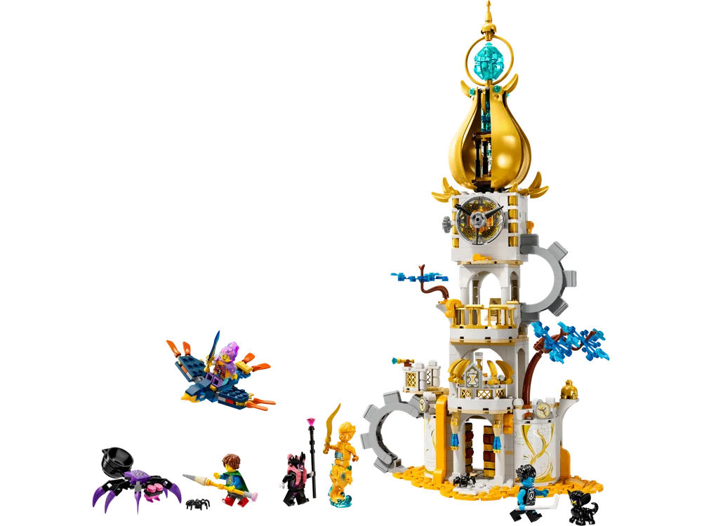 Full view of the LEGO DREAMZzz The Sandman's Tower set 71477, showing the tall tower build, the flying nightmare ship, the spider creature Sneak, and minifigures Mateo, Izzie, the Sandman, Night Hunter, and a Grimspawn.