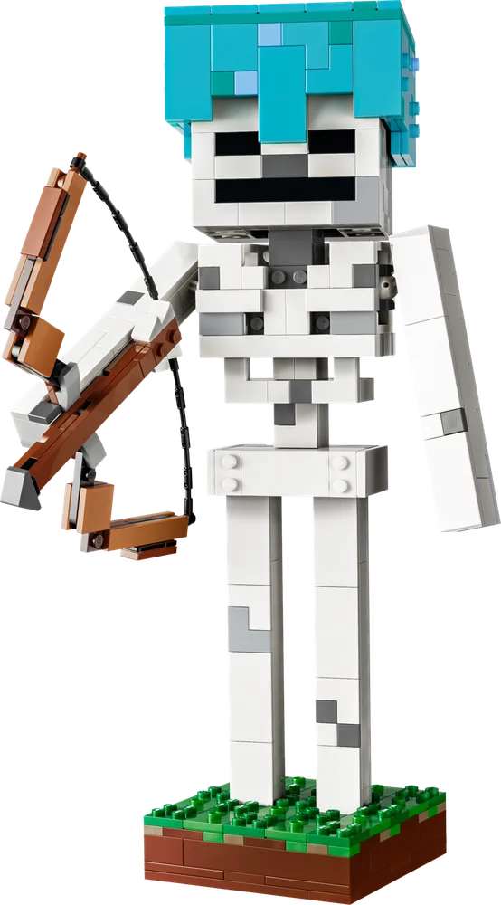 Front view of the LEGO Minecraft Skeleton build with teal hair, holding a brown bow, standing on a grass base.