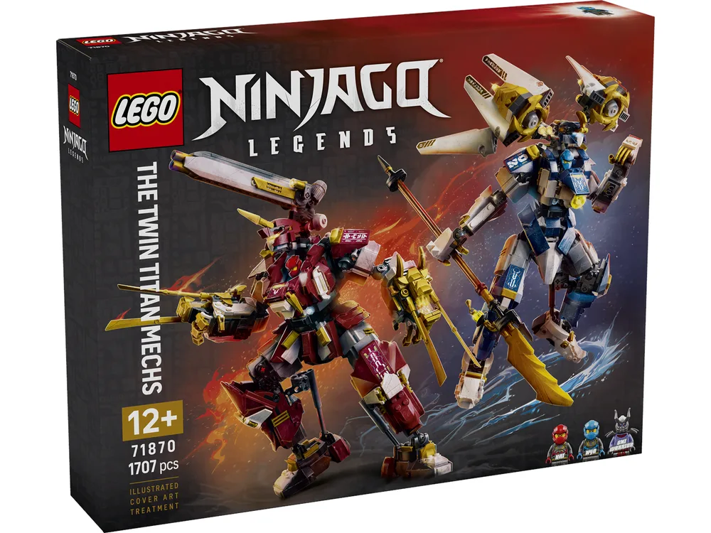 A close-up shot of the LEGO Ninjago Legends The Twin Titan Mechs (71870) box, showcasing two large, highly detailed mechs – one predominantly red and gold, the other blue and gold – in dynamic combat poses. The box features the LEGO and Ninjago Legends logos, the set number 71870, an age recommendation of 12+, and a piece count of 1707 pcs.