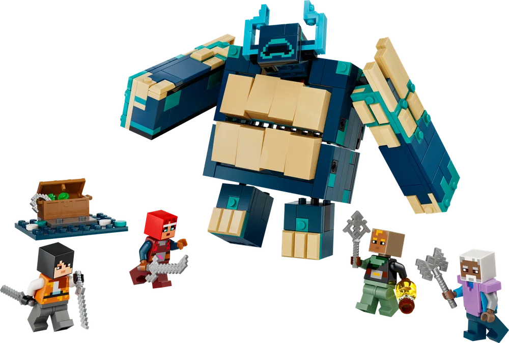 The LEGO Minecraft Dungeons II set 21591, featuring a large, blocky Warden creature with tan chest plates, surrounded by four Minecraft minifigures wielding weapons and a treasure chest.