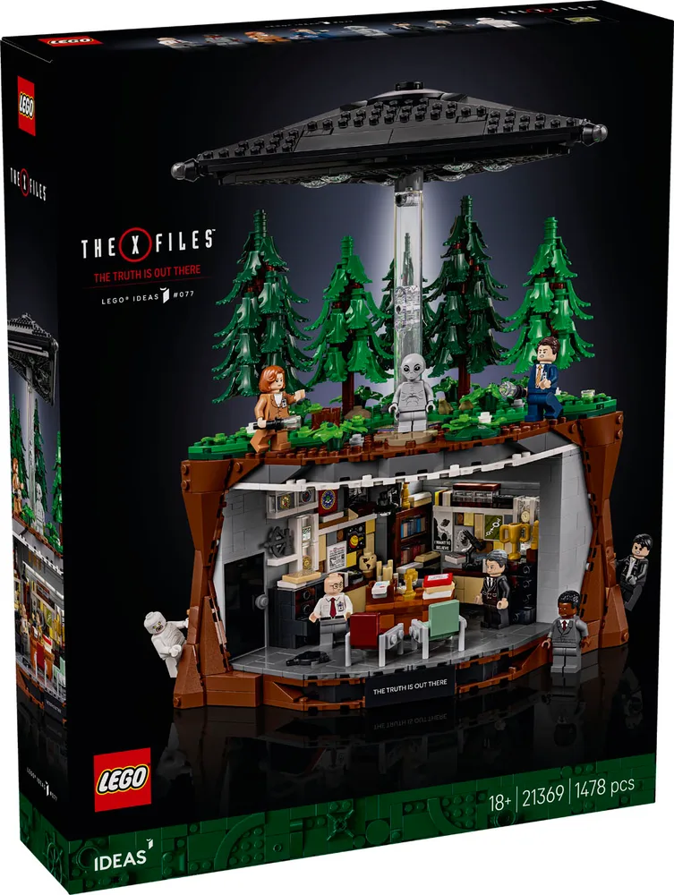 Front view of the LEGO Ideas The X-Files set box, showcasing Mulder's office, a forest scene with an alien, and a hovering UFO.