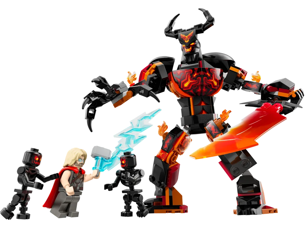 LEGO Marvel Thor vs. Surtur Construction Figure, with Thor and two Fire Demons.