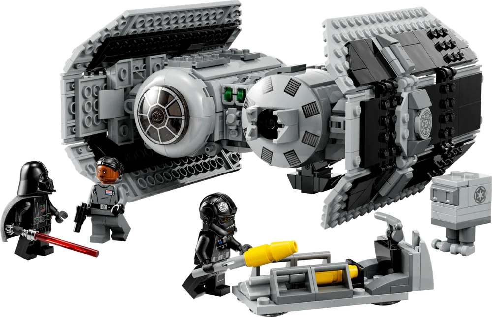 The iconic LEGO Star Wars TIE Bomber set 75347, showcasing the starship, three minifigures, and accessories, against a clean white background.