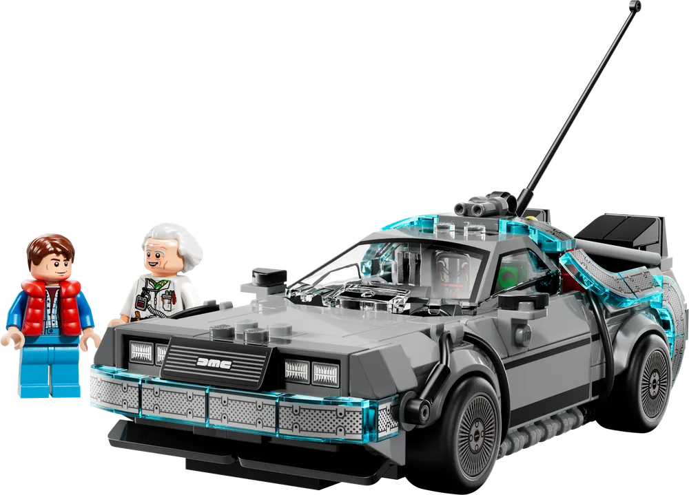 Front three-quarter view of the LEGO Speed Champions DeLorean Time Machine set with minifigures of Marty McFly and Doc Brown standing beside it.