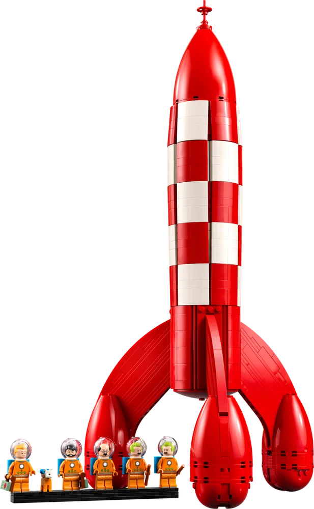 Full view of the LEGO Ideas Tintin Moon Rocket set with minifigures on a white background.
