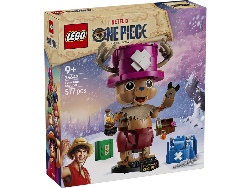 Front view of the LEGO One Piece Tony Tony Chopper 75643 set box, showing the brick-built character with accessories.