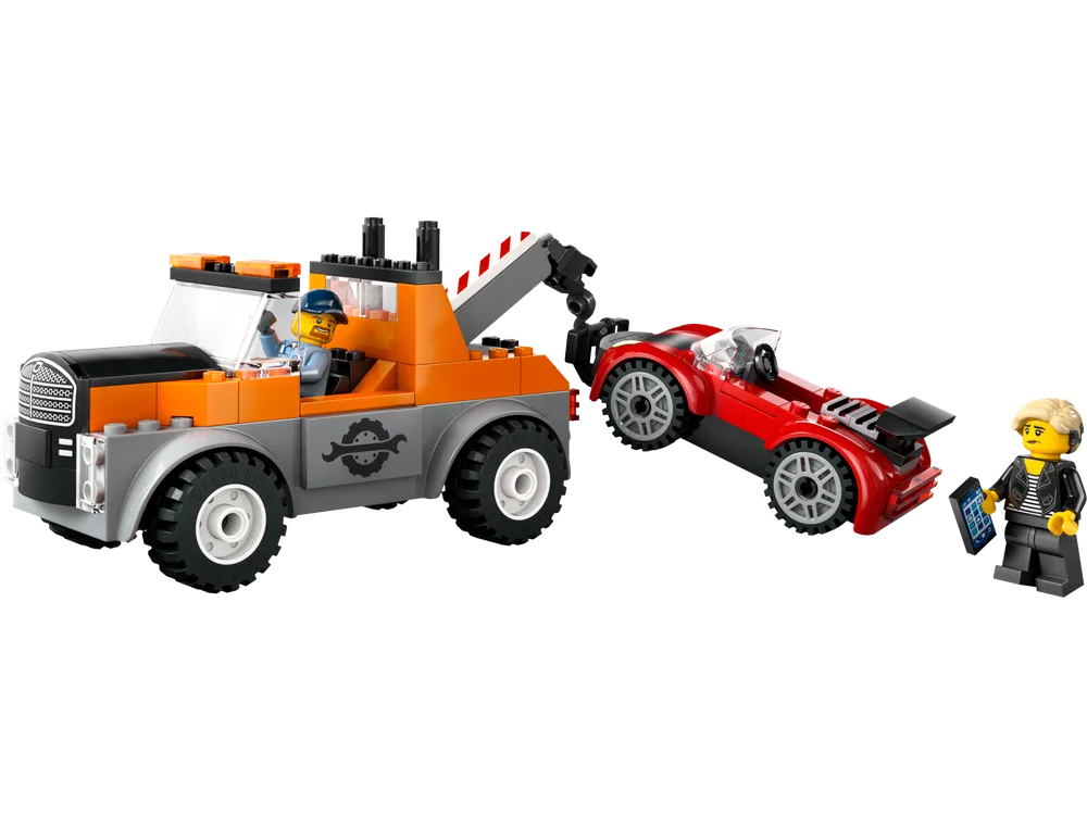 An orange and grey LEGO City tow truck hooked up to a red LEGO sports car, with two minifigures standing nearby.