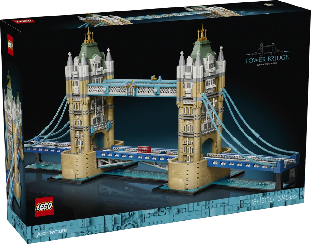 Front of the LEGO Architecture Tower Bridge (21067) box, showcasing the completed model with a red double-decker bus, piece count, and age recommendation.