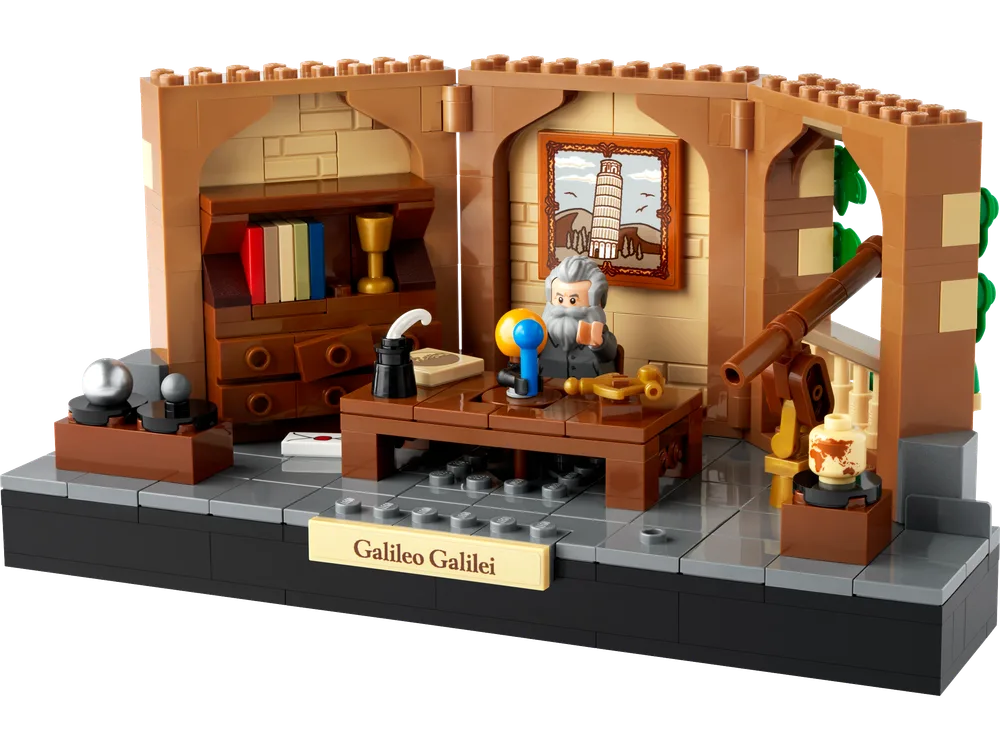 LEGO Tribute to Galileo Galilei set, showing Galileo minifigure at his desk with scientific instruments and a bookshelf.