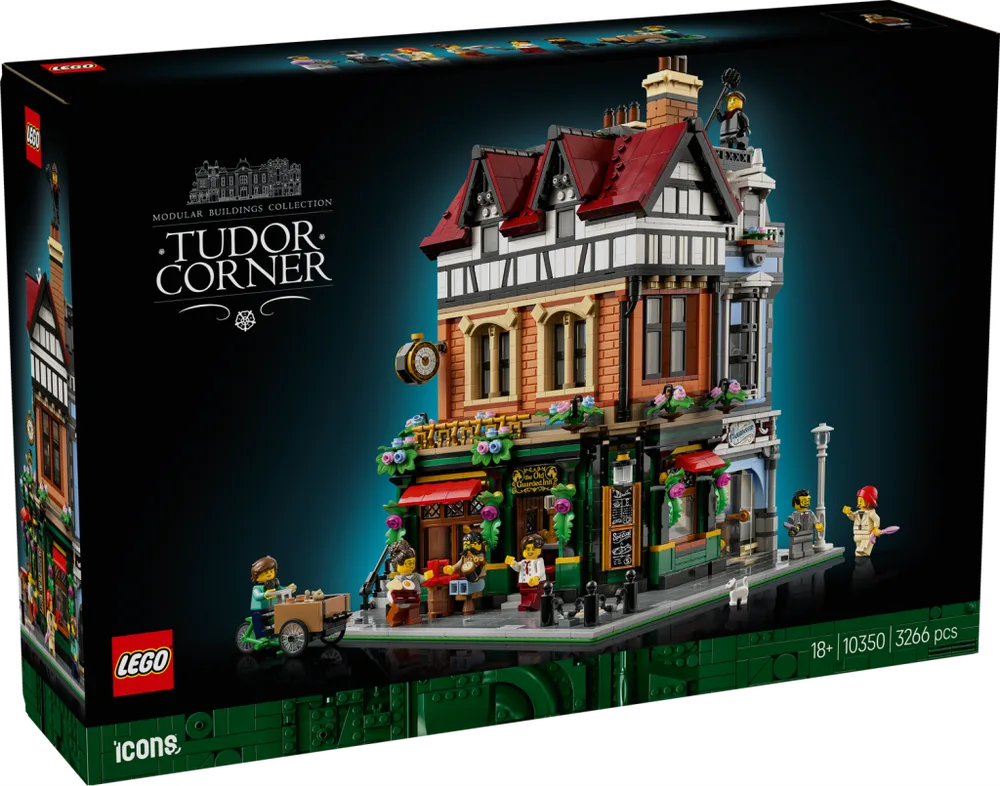 Front view of the LEGO Icons Tudor Corner 10350 box, featuring the assembled model building kit against a dark background, showing various minifigures and intricate architectural details.