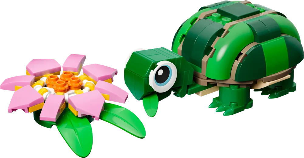 Close-up of a green LEGO turtle and a pink water lily flower against a white background.
