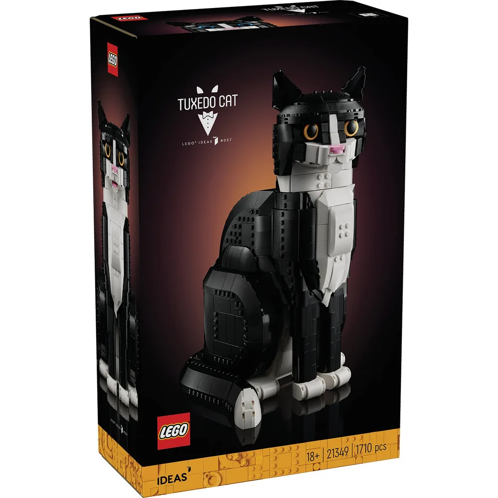 Front view of the LEGO Ideas 21349 Tuxedo Cat box, featuring the assembled cat model.