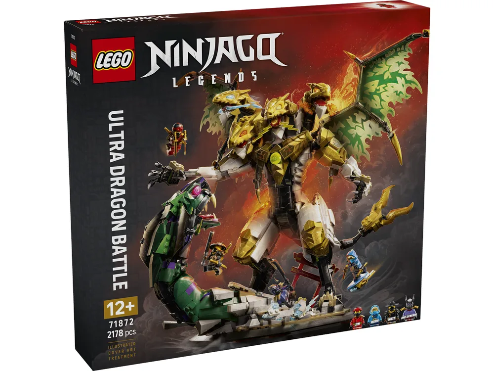 Front of the LEGO Ninjago Legends Ultra Dragon Battle 71872 box, featuring a golden four-headed dragon fighting a green snake on a base, with minifigures.