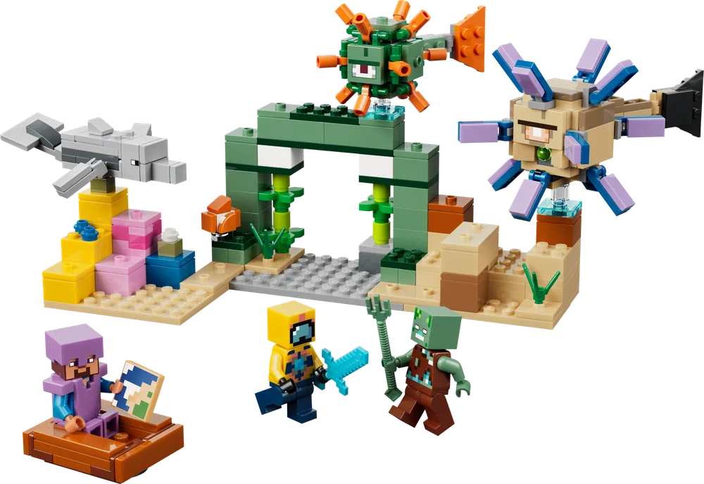 A LEGO Minecraft set featuring an underwater scene with a green archway, coral, sand, a dolphin, two Guardians, and three minifigures including a diver, a Drowned Zombie, and an explorer.
