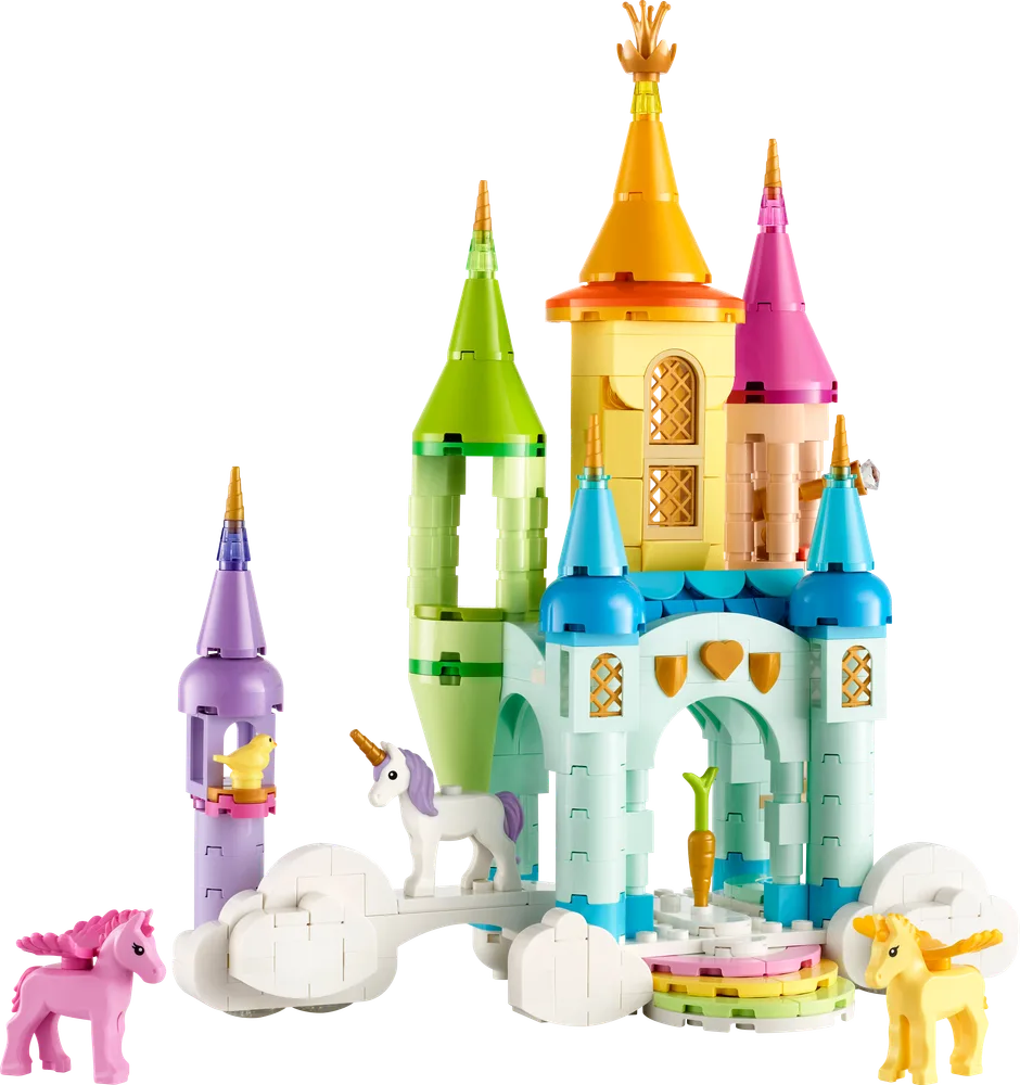 Front view of the LEGO Creator Unicorn Castle on a white background, featuring a colorful castle, a bridge of clouds, and three unicorn figures.