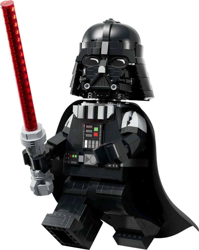 Close-up, dynamic shot of the large-scale LEGO Darth Vader build, holding a bright red lightsaber, against a white background.