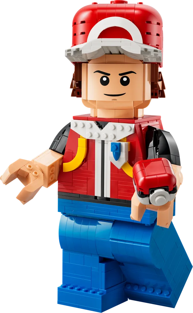 An up-scaled LEGO minifigure of Red from Pokémon, wearing a red cap, red vest with yellow accents, black shirt, and blue pants, holding a red and white Poké Ball.