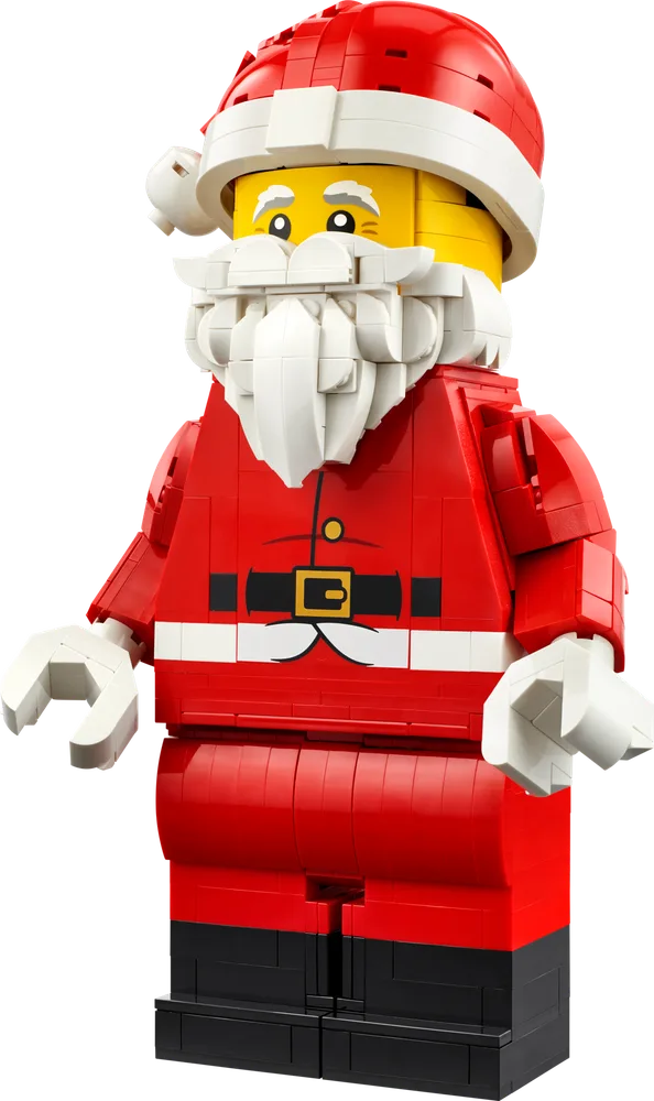 An up-scaled LEGO Santa Claus minifigure built entirely from LEGO bricks, featuring a red suit, white beard, yellow head, and a red Santa hat with a white pompom, standing upright and detailed.