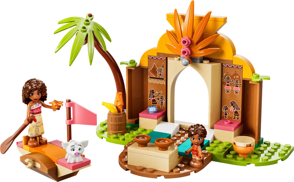 LEGO Disney Moana's Village House & Boat set with Moana, Mini-Moana, Pua, and an island house featuring an archway and palm tree.