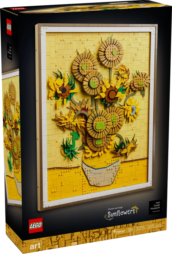 The retail box for the LEGO Art Vincent van Gogh – Sunflowers set, showing the completed 3D brick painting within a white and brown frame against a yellow background, with set details like "LEGO," "18+," "31215," and "2615 pcs" visible.