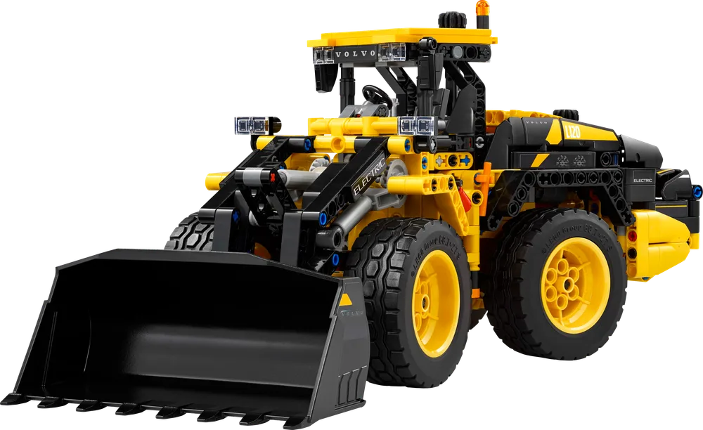 Detailed front view of the LEGO Technic Volvo L120 Electric Wheel Loader, showcasing its articulated chassis, large bucket, and heavy-duty wheels against a white background.