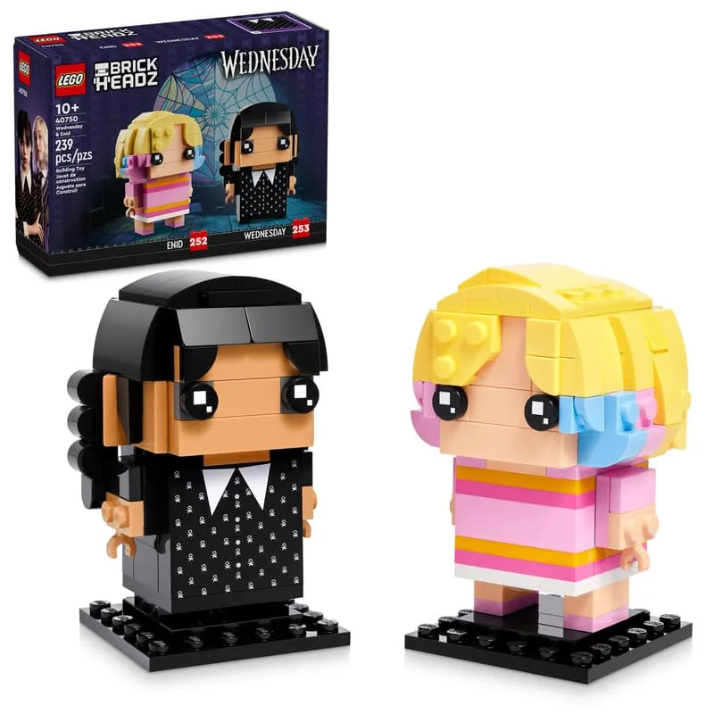 LEGO BrickHeadz 40750 Wednesday & Enid building set box art and assembled figures on a white background.
