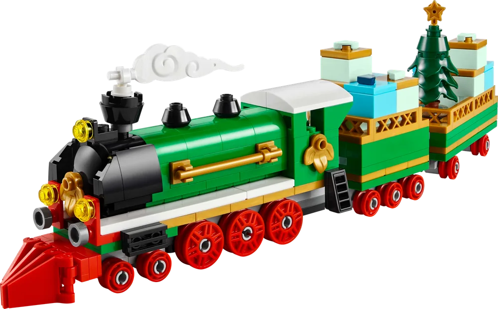 A detailed view of a green and black LEGO Winter Holiday Train, featuring red wheels, gold accents, and a white smoke plume from the chimney.