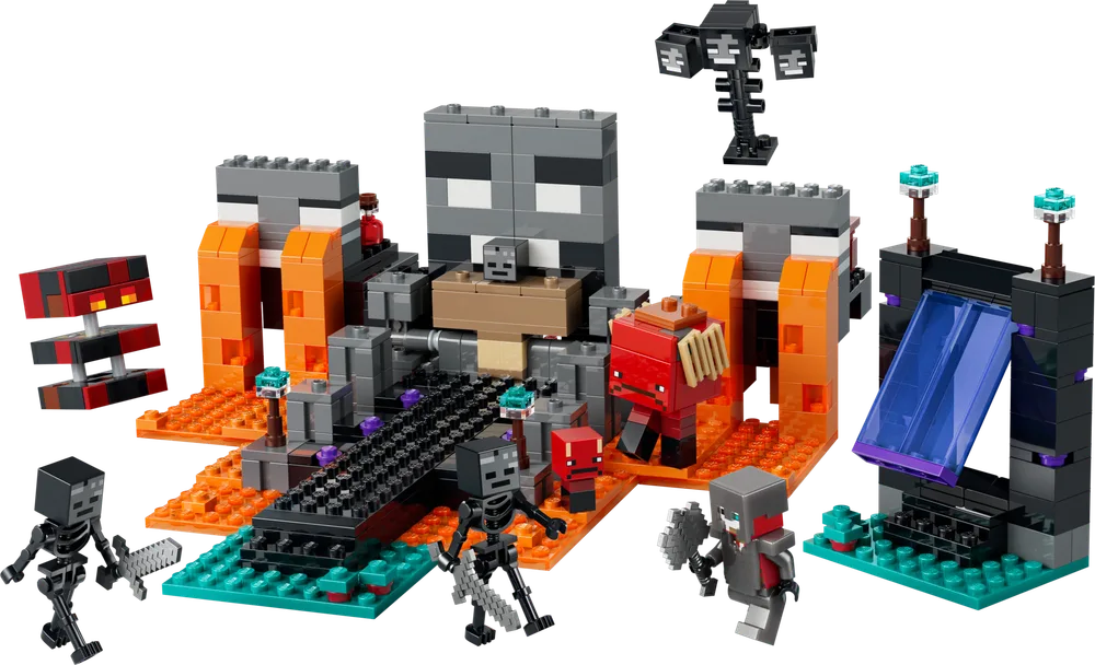 The LEGO Minecraft Wither Battle set, showing the Wither boss, two Wither Skeletons, a hero minifigure, a baby Piglin, and a small Magma Cube in a modular Nether-themed arena.