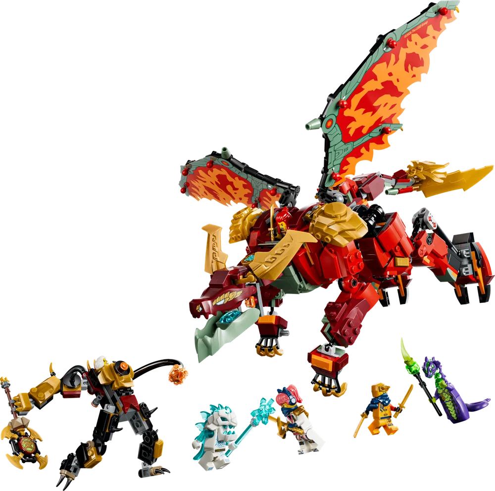A wide shot of the LEGO Ninjago Wyldfyre's Transforming Dragon Mech set, showing the red dragon mid-flight, a golden mech on the ground, and several minifigures.
