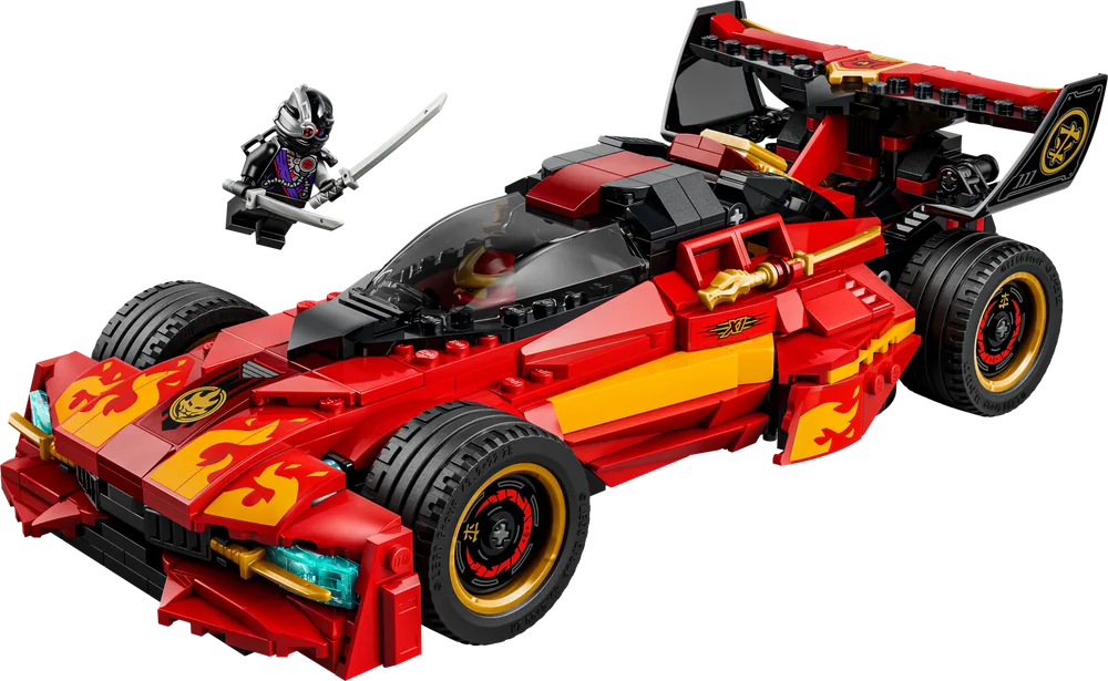 LEGO Ninjago Legacy X-1 Ninja Charger 71867 showcasing the sleek red car with yellow flames and a black ninja minifigure with a silver mask and katana.