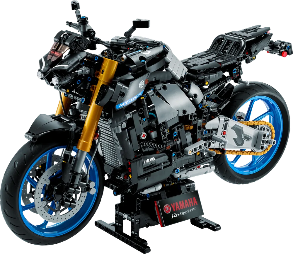 LEGO Technic Yamaha MT-10 SP motorcycle model on a display stand, front three-quarter view.