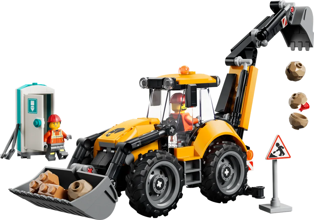 LEGO City Yellow Backhoe Loader with two minifigures, a portable toilet, and construction accessories.